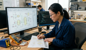 Engineer working on circuit schematics